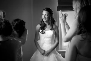 bride looking out window